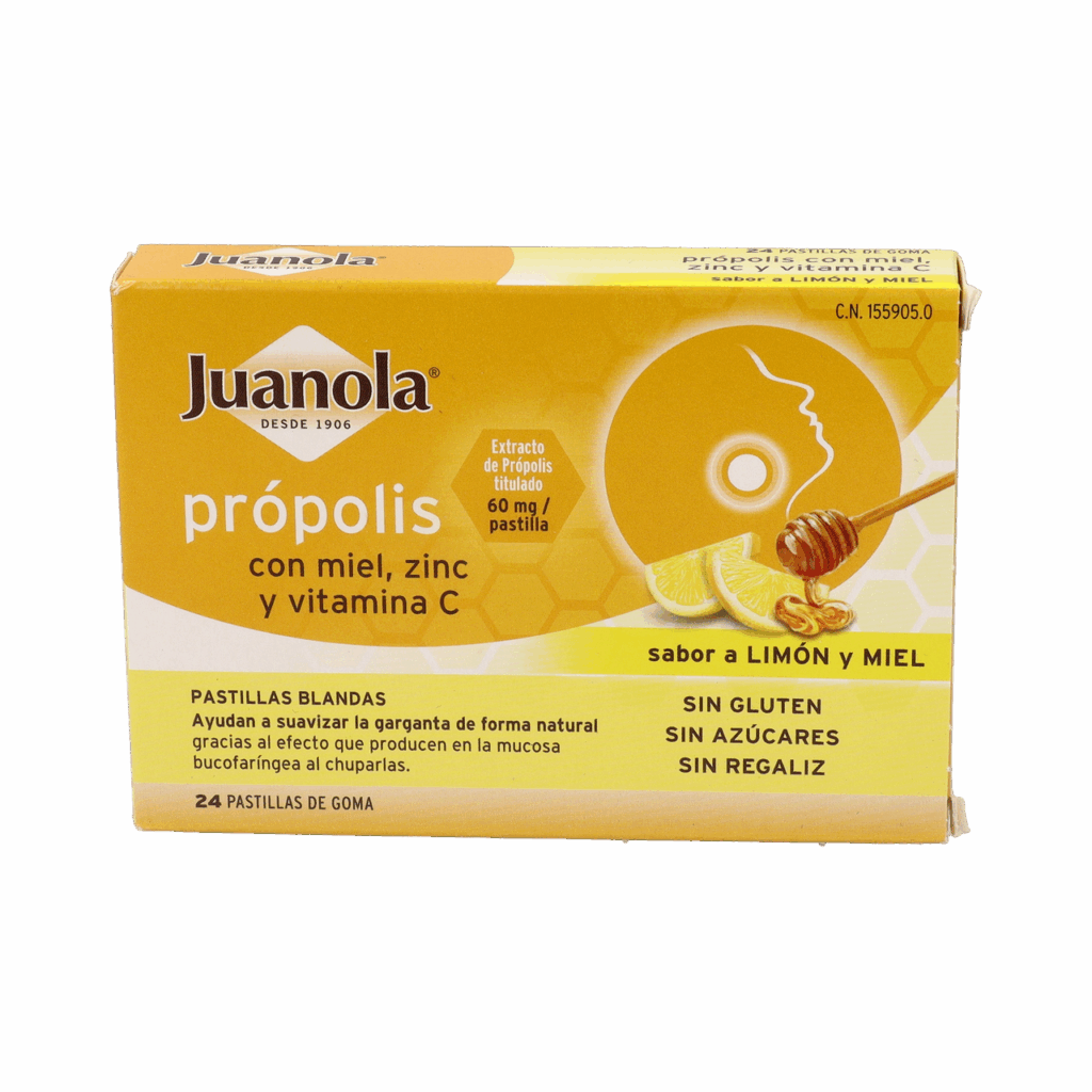 JUANOLA PROPOLIS MIEL ZINC Y VITAMINA C 24 PASTILLAS DE GOMA SABOR LIMON MIEL