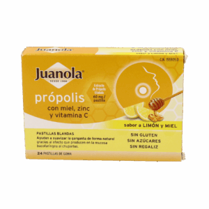 JUANOLA PROPOLIS MIEL ZINC Y VITAMINA C 24 PASTILLAS DE GOMA SABOR LIMON MIEL