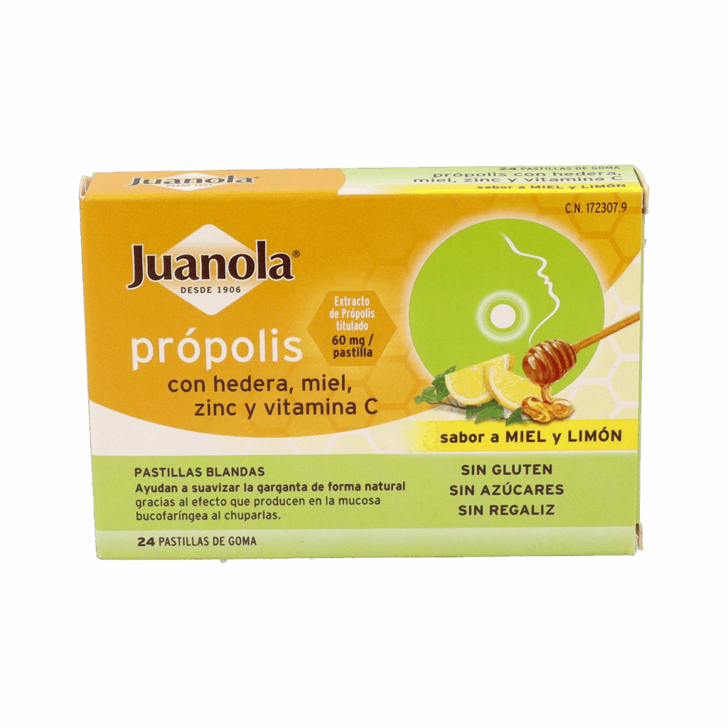 JUANOLA PROPOLIS MIEL HIEDRA ZINC Y VITAMINA C 24 PASTILLAS DE GOMA SABOR MIEL Y LIMON JUANOLA PROPOLIS MIEL HIEDRA ZINC Y VITAMINA C 24 PASTILLAS DE GOMA SABOR MIEL Y LIMON