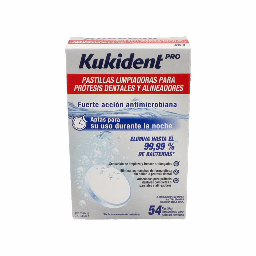 KUKIDENT PASTILLAS LIMPIADORAS PARA PROTESIS TOTALES Y PARCIALES 54 PASTILLAS