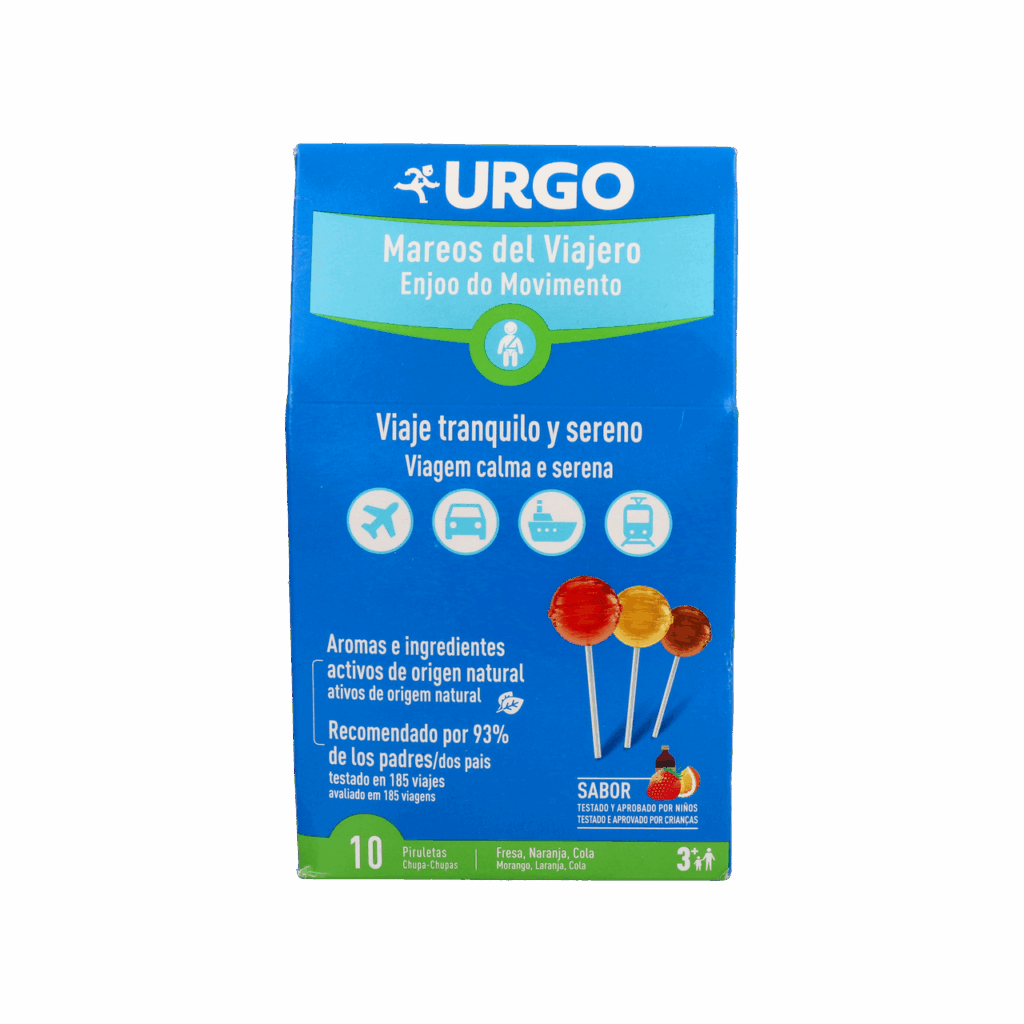 URGO MAREOS DEL VIAJERO 10 PIRULETAS SABOR FRESA Y COLA