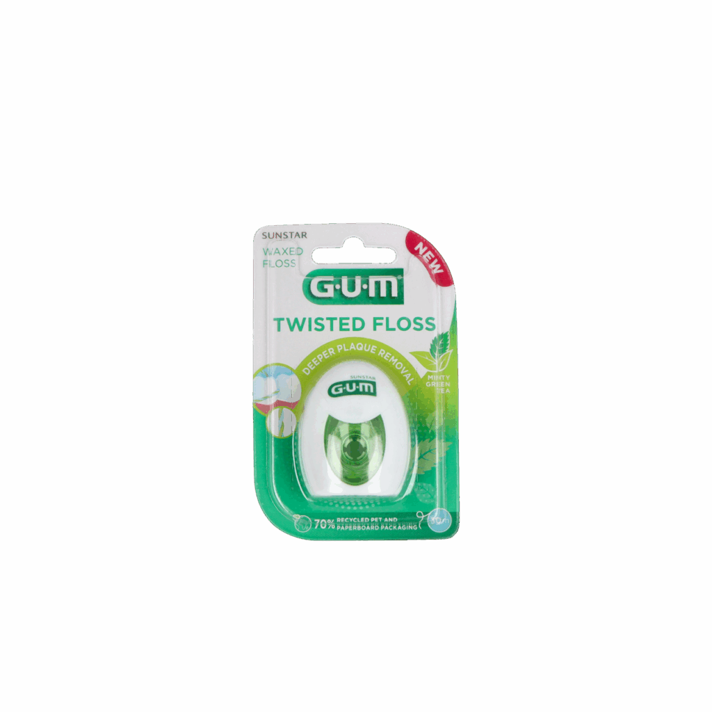 GUM 350  TWISTED FLOSS SEDA CON CERA 1 UNIDAD 30 M SABOR TE VERDE Y MENTA