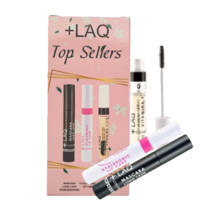 +LAQ TOP EYES ESTUCHE PREMIUM 2 Máscara de pestañas Long Flah + bálsamo labial Hyaluronic Lip Care + máscara de Ricino Puro – Laq Colours