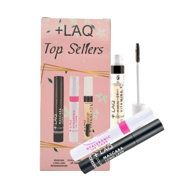 +LAQ TOP EYES ESTUCHE PREMIUM 2 Máscara de pestañas Long Flah + bálsamo labial Hyaluronic Lip Care + máscara de Ricino Puro – Laq Colours